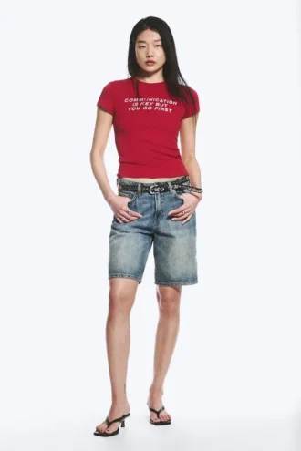 Boxy Printed Short-Sleeved T-Shirt – Red – Communication