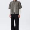 Boxy Short-Sleeved Cotton Shirt – Beige – Navy Blue Check
