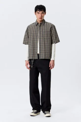 Boxy Short-Sleeved Cotton Shirt – Beige – Navy Blue Check