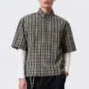 Boxy Short-Sleeved Cotton Shirt – Beige – Navy Blue Check