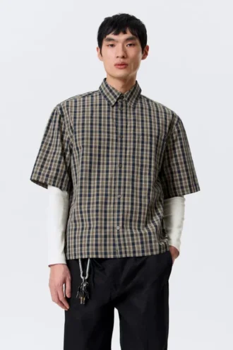 Boxy Short-Sleeved Cotton Shirt – Beige – Navy Blue Check