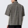 Boxy Short-Sleeved Cotton Shirt – Beige – Navy Blue Check