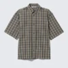 Boxy Short-Sleeved Cotton Shirt – Beige – Navy Blue Check