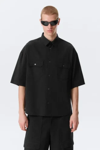 Boxy Short-Sleeved Cotton Shirt – Black