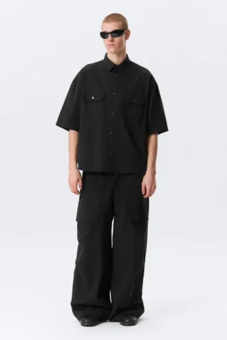 Boxy Short-Sleeved Cotton Shirt – Black