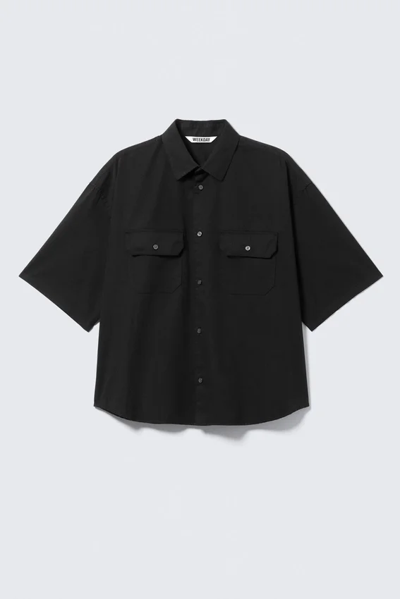 Boxy Short-Sleeved Cotton Shirt – Black Boxy Short-Sleeved Cotton Shirt – Black