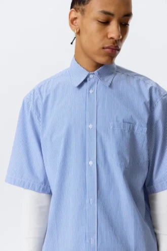 Boxy Short-Sleeved Cotton Shirt – Blue & White Stripe