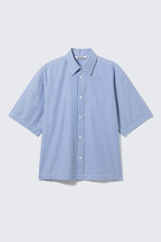 Boxy Short-Sleeved Cotton Shirt – Blue & White Stripe Boxy Short-Sleeved Cotton Shirt – Blue & White Stripe