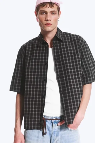 Boxy Short-Sleeved Cotton Shirt – Checked Black