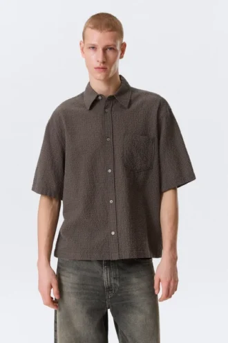 Boxy Short-Sleeved Cotton Shirt – Checked Brown
