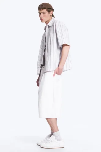 Boxy Short-Sleeved Cotton Shirt – Striped Light Dusty Beige