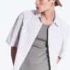 Boxy Short-Sleeved Cotton Shirt – Striped Light Dusty Beige Boxy Short-Sleeved Cotton Shirt – Striped Light Dusty Beige