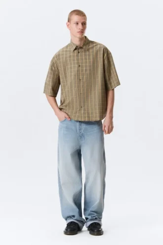 Boxy Short-Sleeved Shirt – Checked Beige