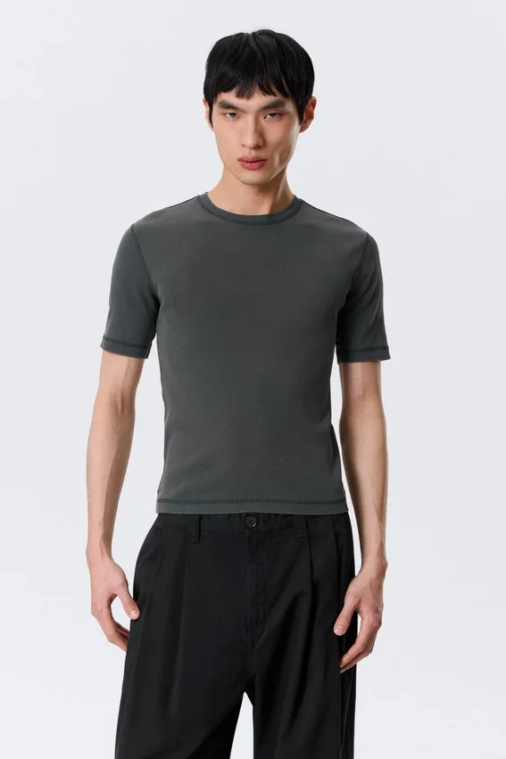 Boxy Slim Fit Ribbed T-Shirt – Washed Dark Mole Boxy Slim Fit Ribbed T-Shirt – Washed Dark Mole