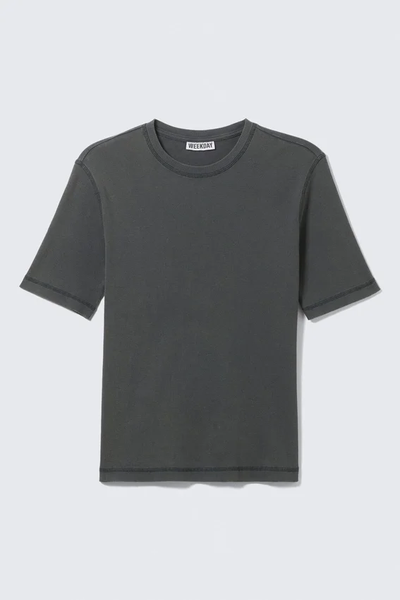 Boxy Slim Fit Ribbed T-Shirt – Washed Dark Mole Boxy Slim Fit Ribbed T-Shirt – Washed Dark Mole