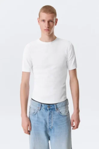 Boxy Slim Fit Ribbed T-Shirt – White