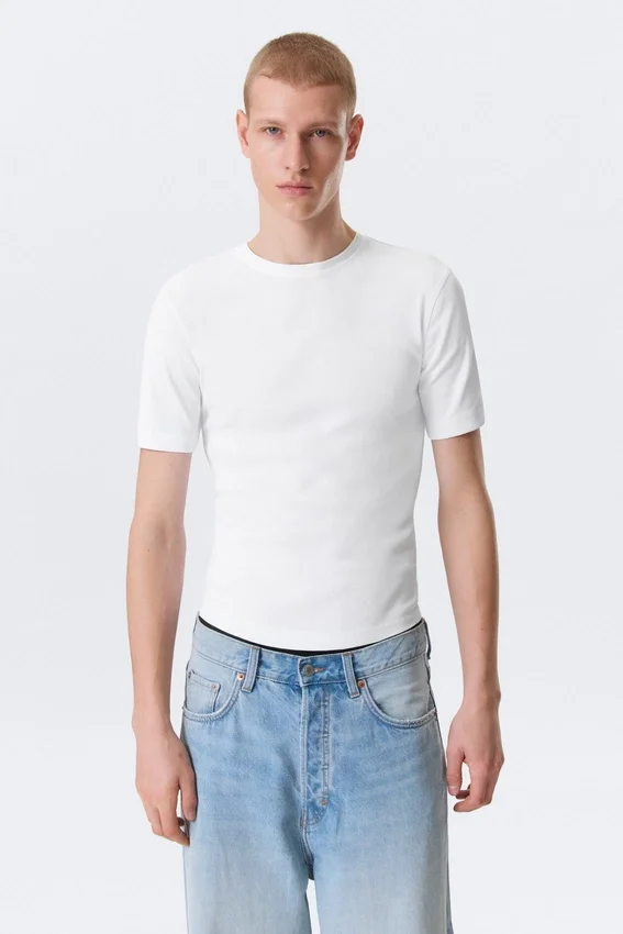Boxy Slim Fit Ribbed T-Shirt – White Boxy Slim Fit Ribbed T-Shirt – White