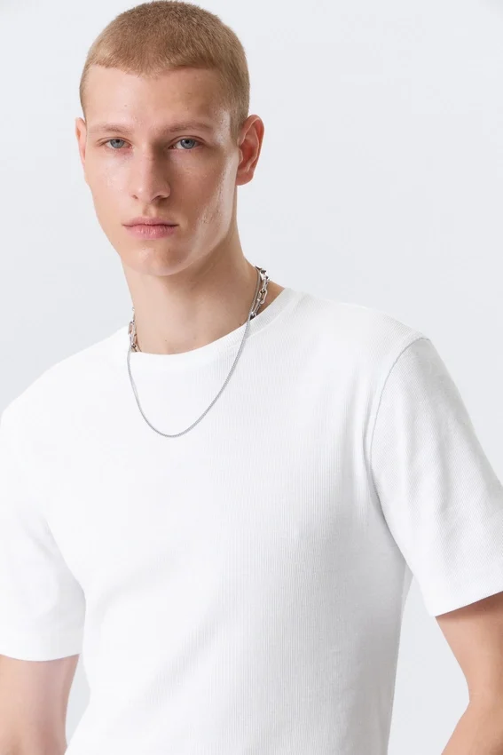Boxy Slim Fit Ribbed T-Shirt – White Boxy Slim Fit Ribbed T-Shirt – White