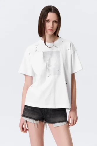 Boxy Studded Graphic T-Shirt – White – Gothic Face Print
