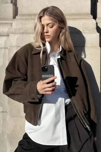 Boxy Suede Zip Jacket – Dark Brown