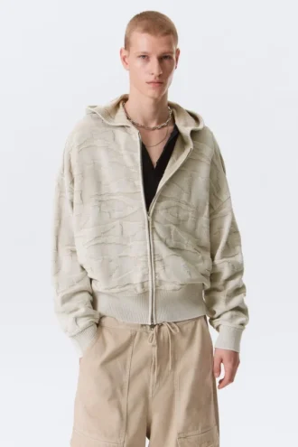 Boxy Textured Knit Zip Hoodie – Light Patterned Beige