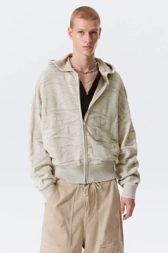 Boxy Textured Knit Zip Hoodie – Light Patterned Beige Boxy Textured Knit Zip Hoodie – Light Patterned Beige