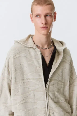 Boxy Textured Knit Zip Hoodie – Light Patterned Beige