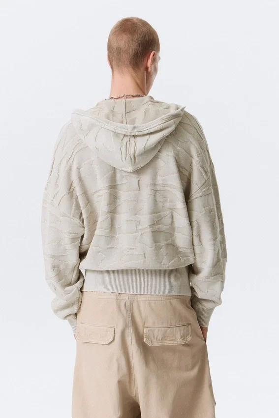 Boxy Textured Knit Zip Hoodie – Light Patterned Beige Boxy Textured Knit Zip Hoodie – Light Patterned Beige