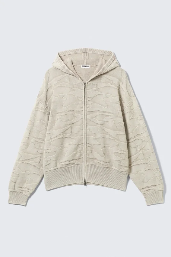 Boxy Textured Knit Zip Hoodie – Light Patterned Beige Boxy Textured Knit Zip Hoodie – Light Patterned Beige