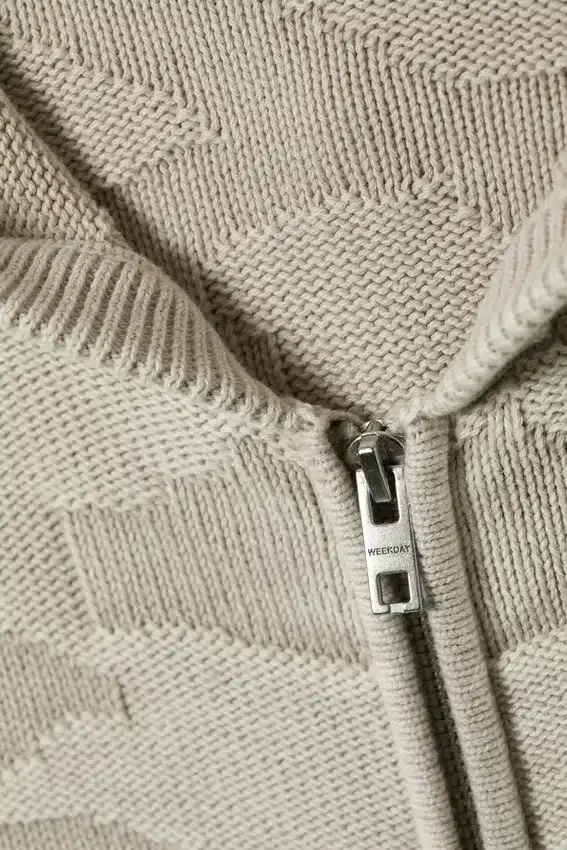 Boxy Textured Knit Zip Hoodie – Light Patterned Beige Boxy Textured Knit Zip Hoodie – Light Patterned Beige