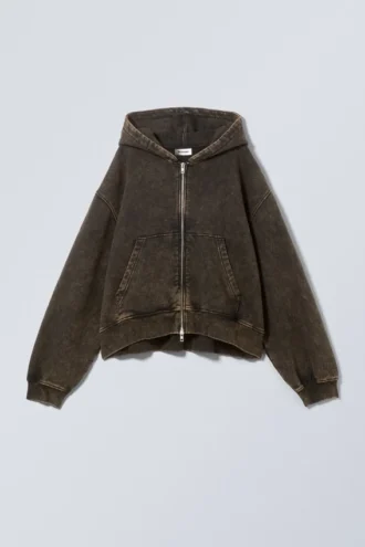 Boxy Washed Zip Hoodie – Washed Brown