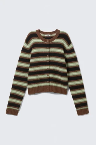 Brushed Knit Buttoned Cardigan – Brown/Black/Green Stripes