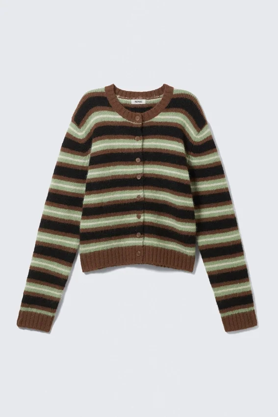 Brushed Knit Buttoned Cardigan – Brown/Black/Green Stripes Brushed Knit Buttoned Cardigan – Brown/Black/Green Stripes
