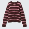 Brushed Knit Buttoned Cardigan – Dark Red & Pink Stripes Brushed Knit Buttoned Cardigan – Dark Red & Pink Stripes