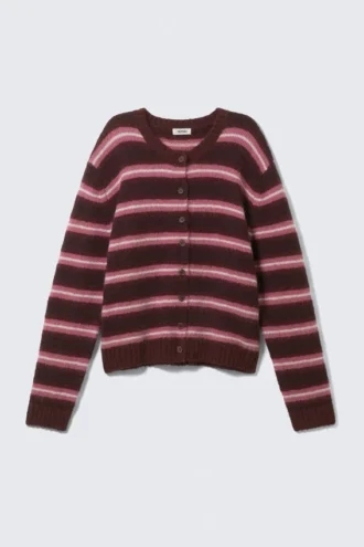 Brushed Knit Buttoned Cardigan – Dark Red & Pink Stripes