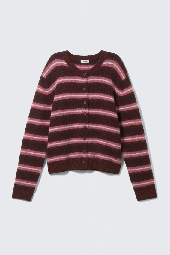 Brushed Knit Buttoned Cardigan – Dark Red & Pink Stripes Brushed Knit Buttoned Cardigan – Dark Red & Pink Stripes