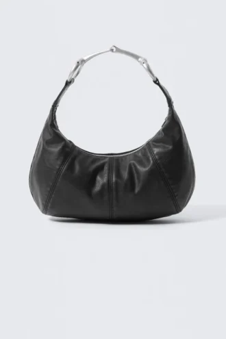 Buckle-Handle Faux Leather Hand Bag – Black