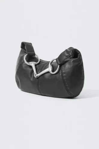 Buckle-Handle Faux Leather Hand Bag – Black