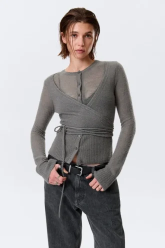 Buttoned Wrap-Effect Wool-Blend Cardigan – Grey