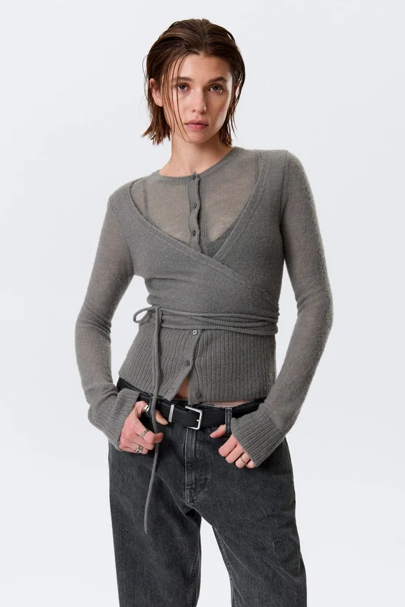 Buttoned Wrap-Effect Wool-Blend Cardigan – Grey Buttoned Wrap-Effect Wool-Blend Cardigan – Grey
