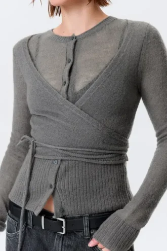 Buttoned Wrap-Effect Wool-Blend Cardigan – Grey