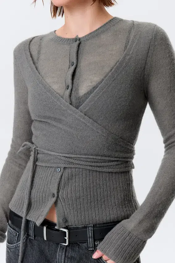 Buttoned Wrap-Effect Wool-Blend Cardigan – Grey Buttoned Wrap-Effect Wool-Blend Cardigan – Grey