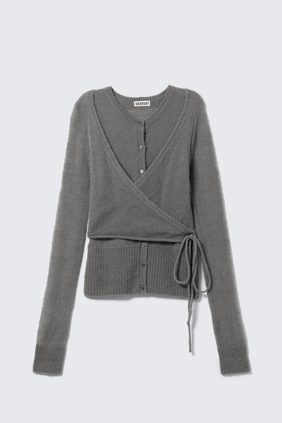 Buttoned Wrap-Effect Wool-Blend Cardigan – Grey Buttoned Wrap-Effect Wool-Blend Cardigan – Grey