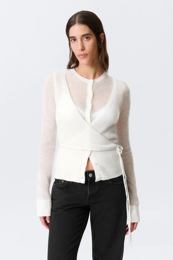 Buttoned Wrap-Effect Wool-Blend Cardigan – White Buttoned Wrap-Effect Wool-Blend Cardigan – White