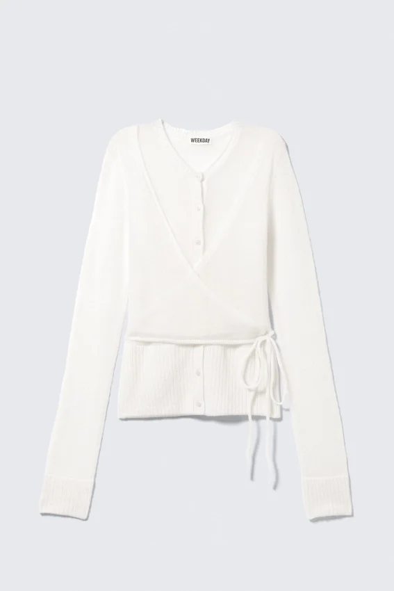 Buttoned Wrap-Effect Wool-Blend Cardigan – White Buttoned Wrap-Effect Wool-Blend Cardigan – White