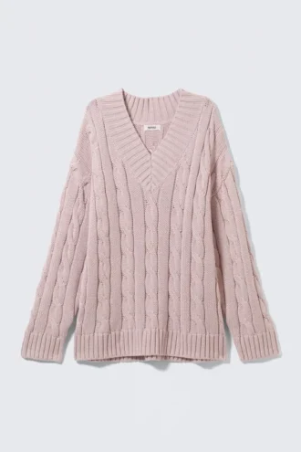 Cable Knit V-Neck Sweater – Dusty Pink