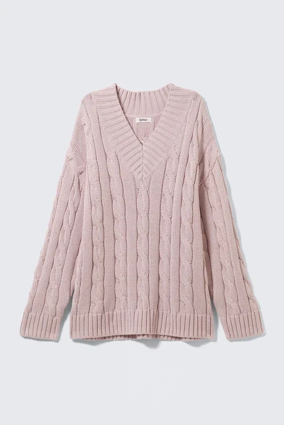 Cable Knit V-Neck Sweater – Dusty Pink Cable Knit V-Neck Sweater – Dusty Pink