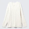Cable Knit V-Neck Sweater – White Cable Knit V-Neck Sweater – White
