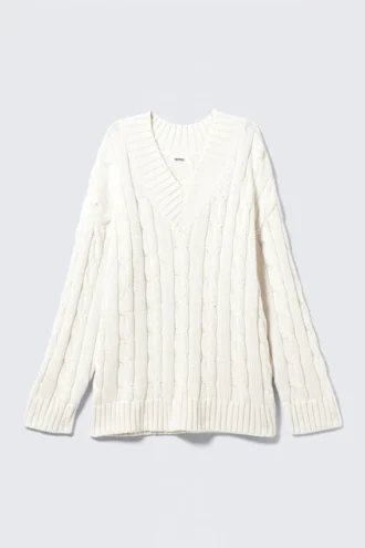 Cable Knit V-Neck Sweater – White