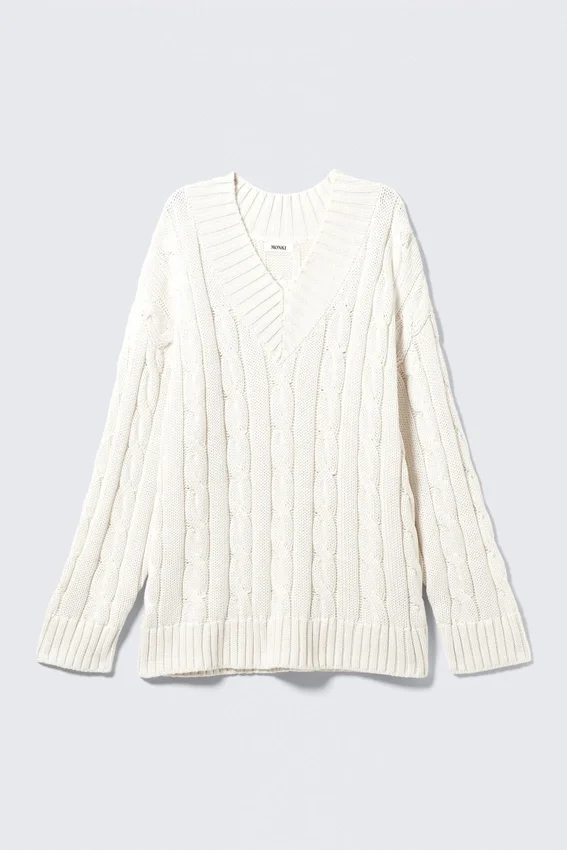 Cable Knit V-Neck Sweater – White Cable Knit V-Neck Sweater – White
